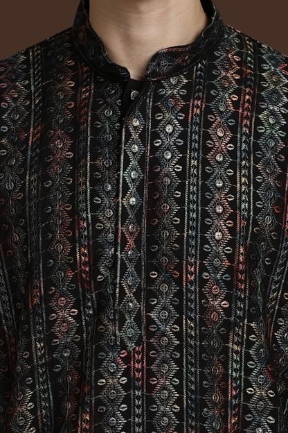 Black Stripes Cotton Block Print Mandarin Collar Embroidery designer Regular Fit Kurta