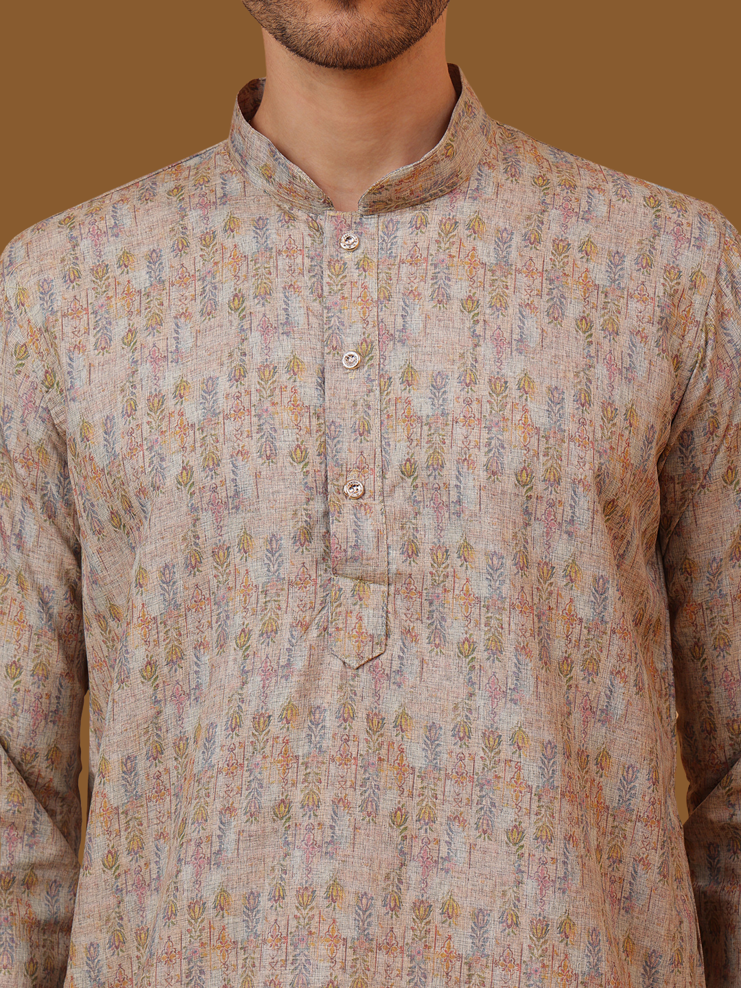 Pure Grey Linen Blend Digital Print Mandarin Collar Regular Fit Kurta