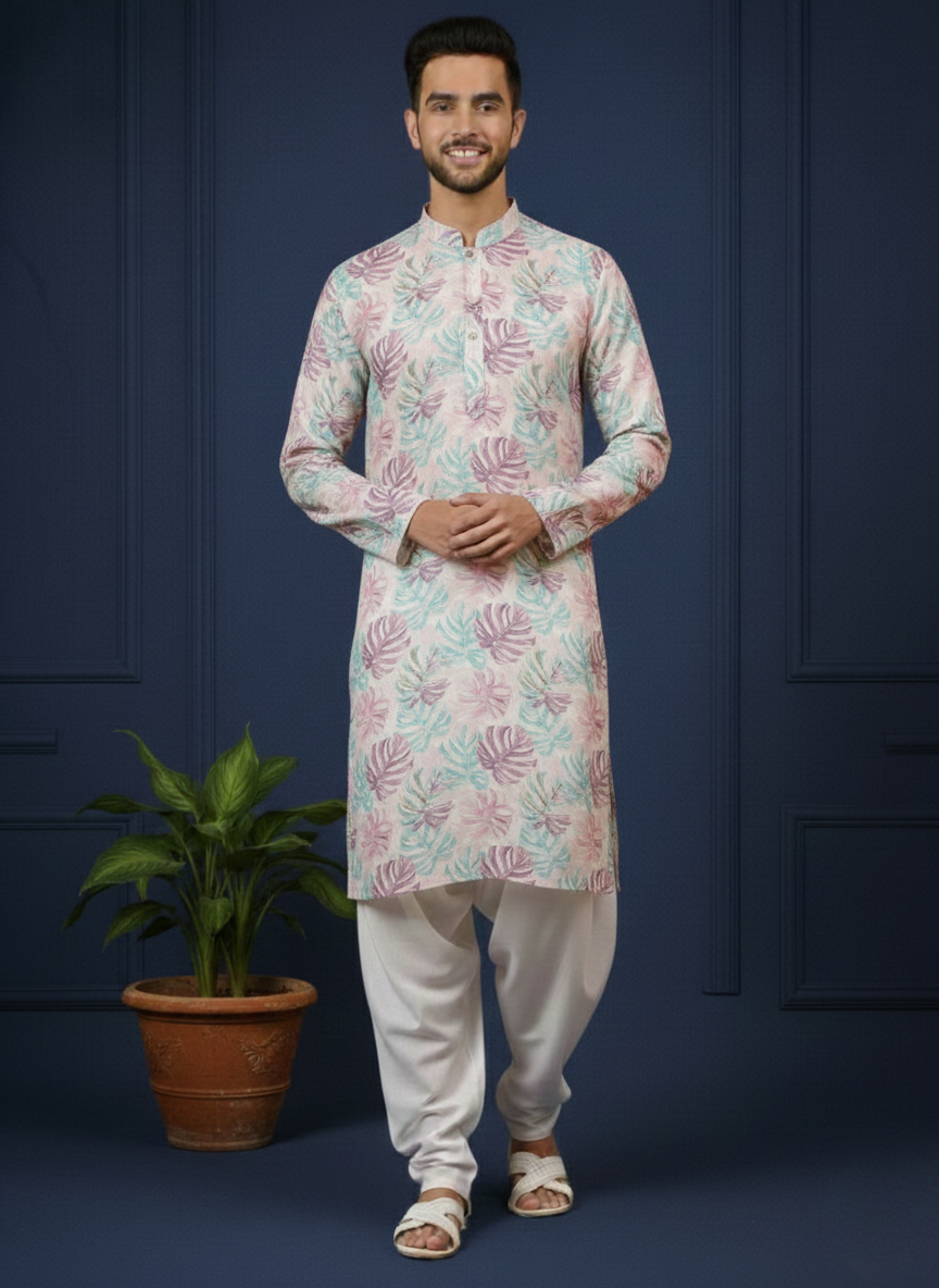 Natural Lavender Floral Print Mandarin Collar Regular Fit Kurta
