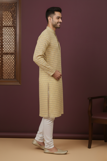 Rich Mustard Cotton Digital Print Mandarin Collar Regular Fit Kurta