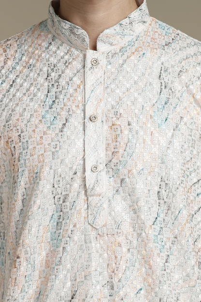 Allover Embroidery White Cotton Block Print Mandarin Collar Regular Fit Kurta