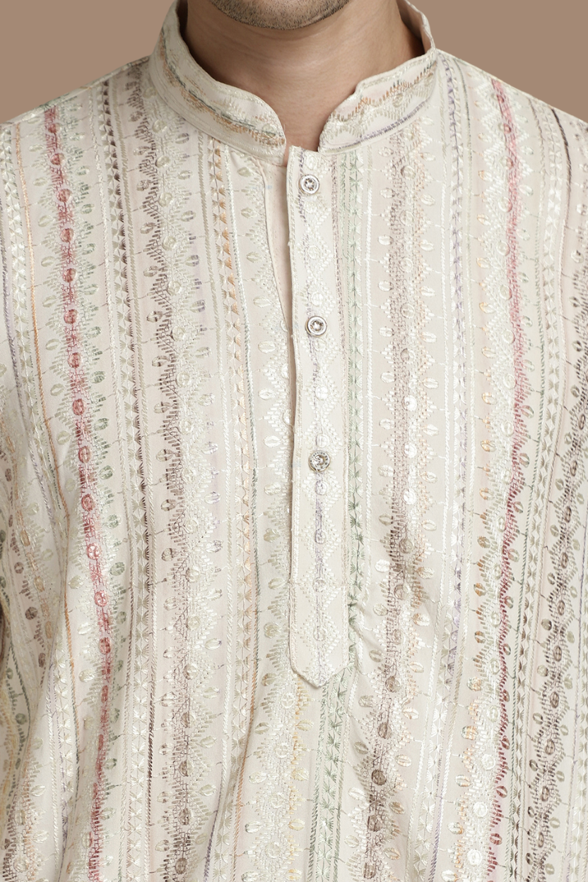 Rich Beige Cotton Block Print Mandarin Collar Regular Fit Embroidery designer Kurta