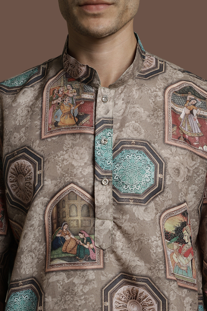 Cultural Brown Cotton Digital Print Mandarin Collar Regular Fit Kurta