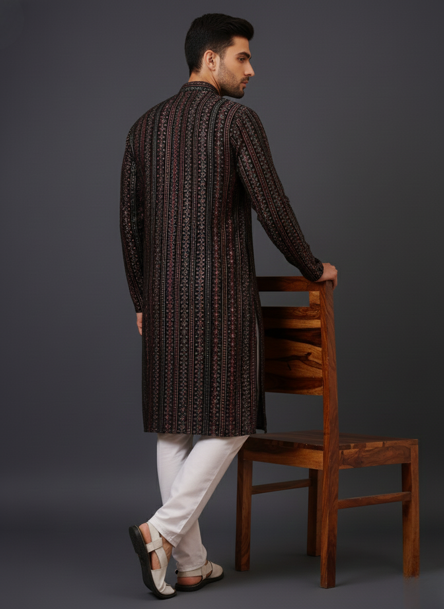 Embroidery Black Cotton Block Print Mandarin collar Regular fit Kurta