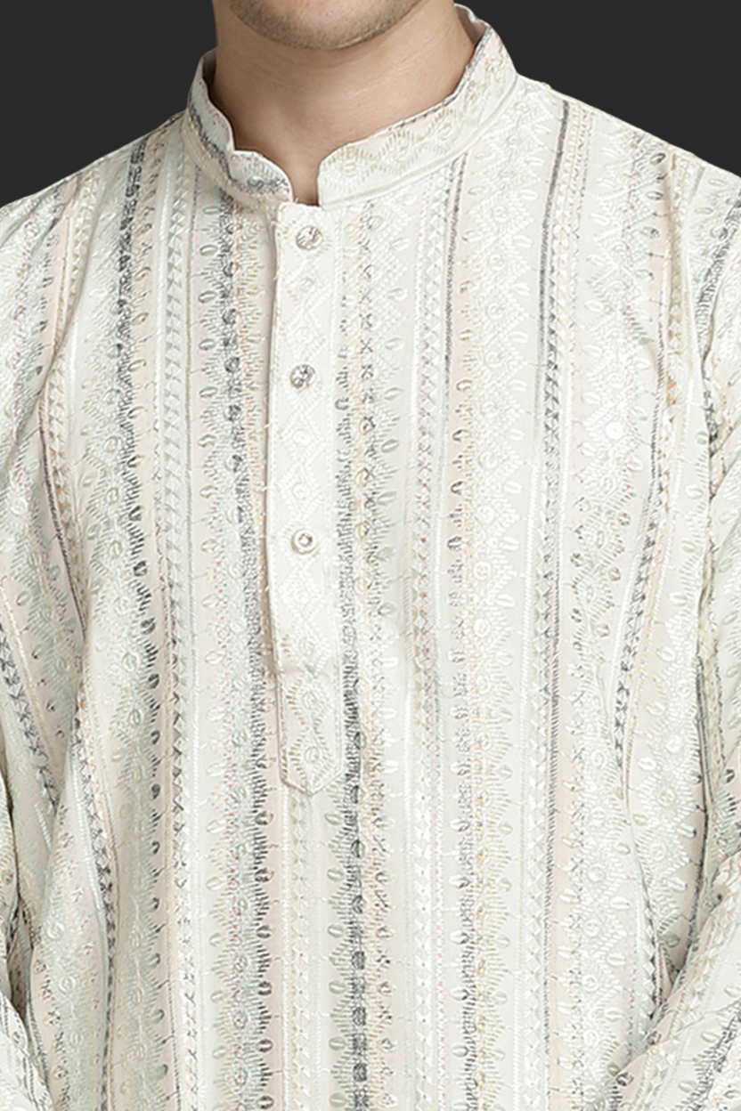 Beige Soft Green Stripes Cotton Block Print Mandarin Collar Regular Fit Kurta