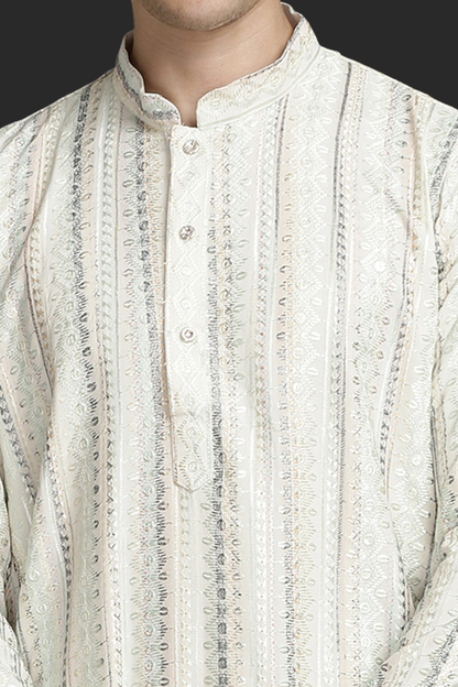 Beige Soft Green Stripes Cotton Block Print Mandarin Collar Regular Fit Kurta