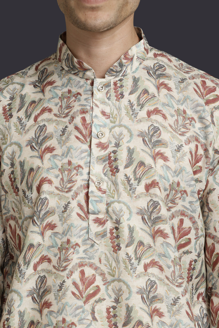 Beige Offwhite Cotton Digital Print Mandarin Collar Regular Fit Kurta