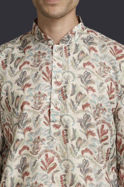 Beige Offwhite Cotton Digital Print Mandarin Collar Regular Fit Kurta