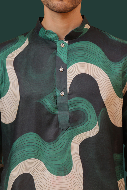 Aqua Green Magic Wavy Print Mandarin Collar Regular Fit Kurta