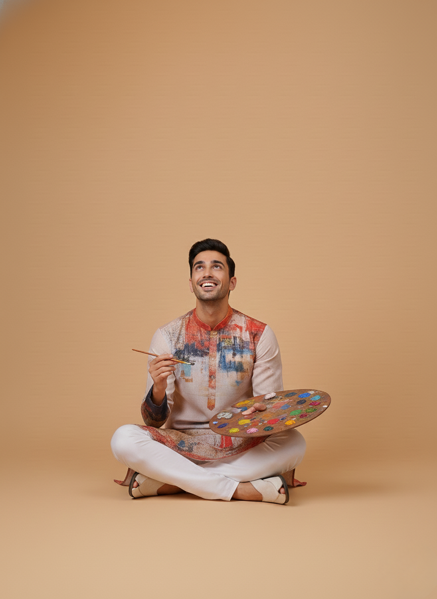 Artistic Red Mandarin Collar Regular Fit Kurta