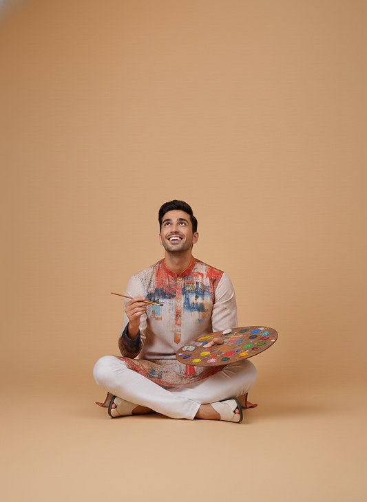 Artistic Red Mandarin Collar Regular Fit Kurta