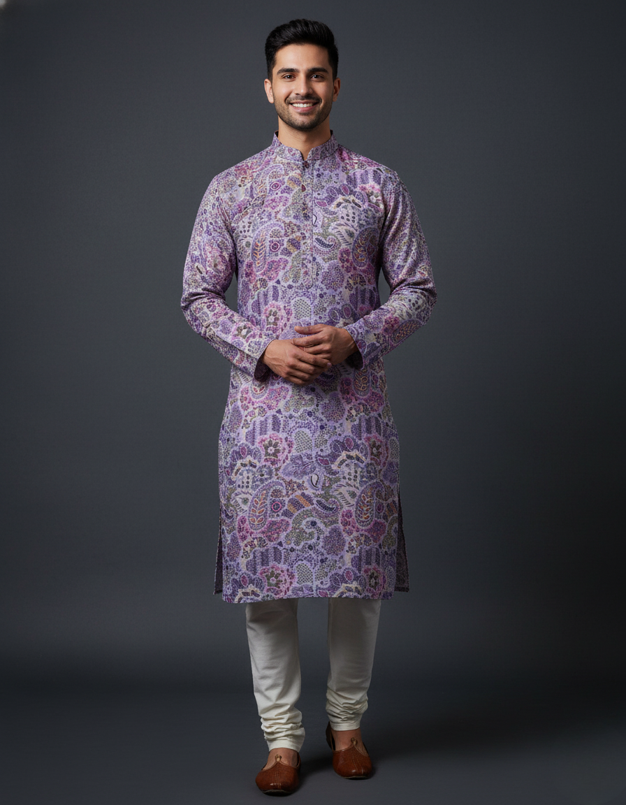 Lavender Paisley Cotton Block Print Embroidery Mandarin Collar Regular Fit Kurta