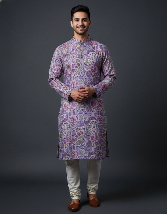 Lavender Paisley Cotton Block Print Embroidery Mandarin Collar Regular Fit Kurta