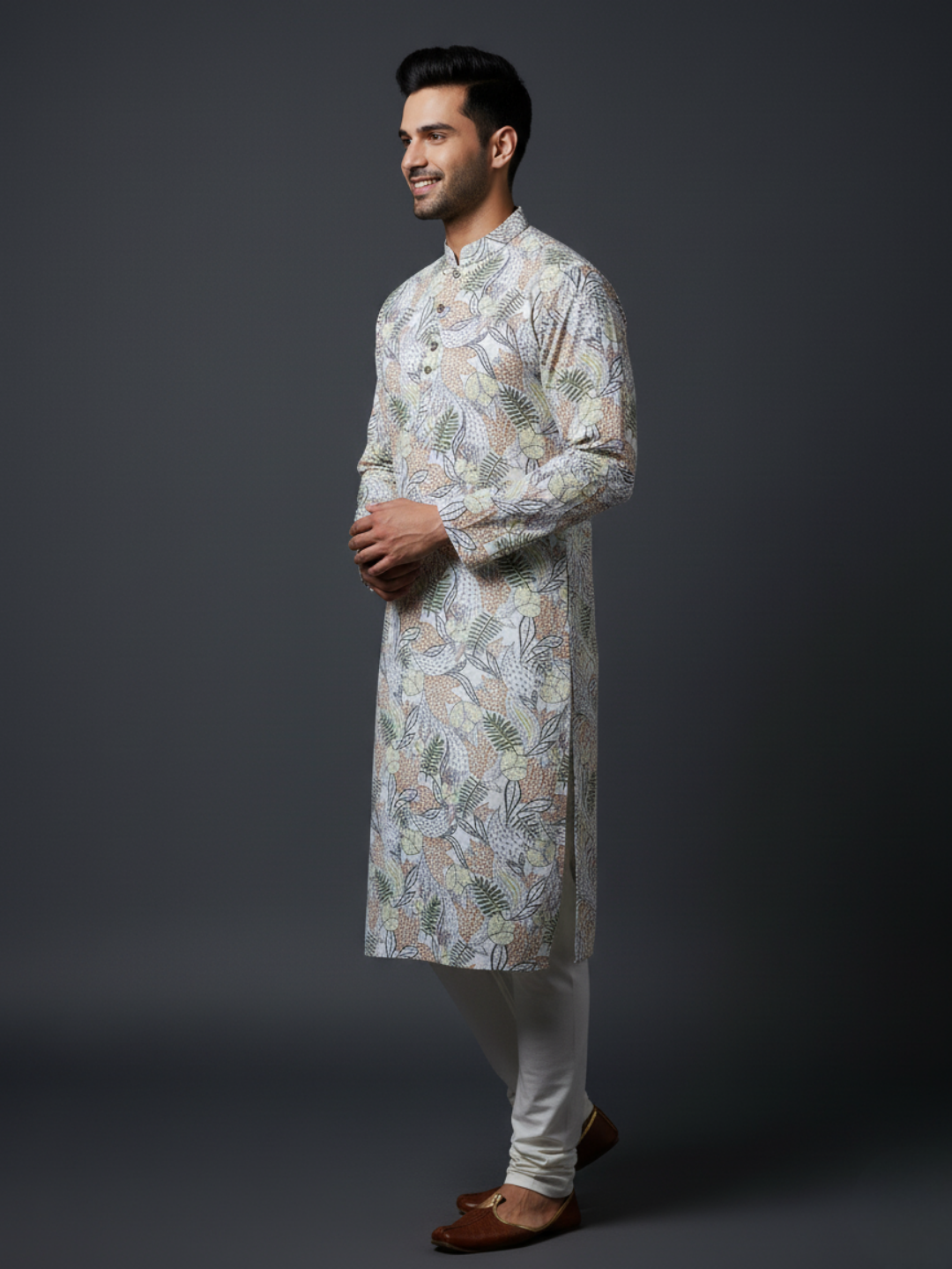 Floral mint green Cotton Block Print Embroidery Mandarin Collar Regular Fit Kurta