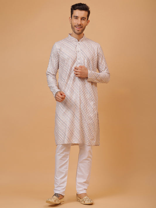 Embroidery White cotton Slant Block Print Mandarin Collar Regular Fit Kurta