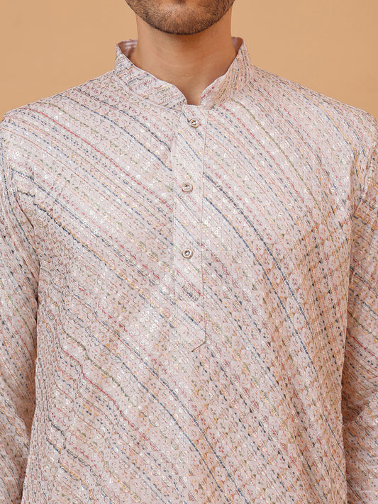 Embroidery White cotton Slant Block Print Mandarin Collar Regular Fit Kurta