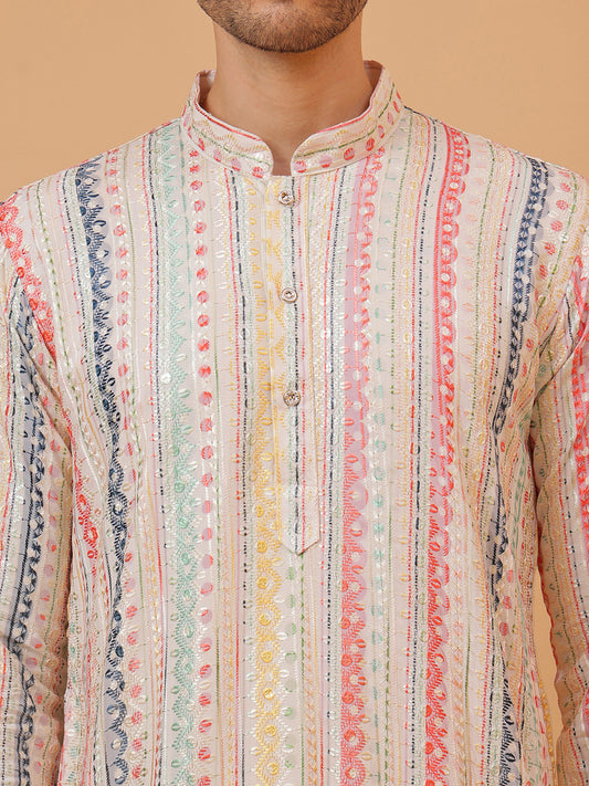 Embroidery Beige Cotton Multi Print Mandarin Collar Regular Fit Designer Kurta