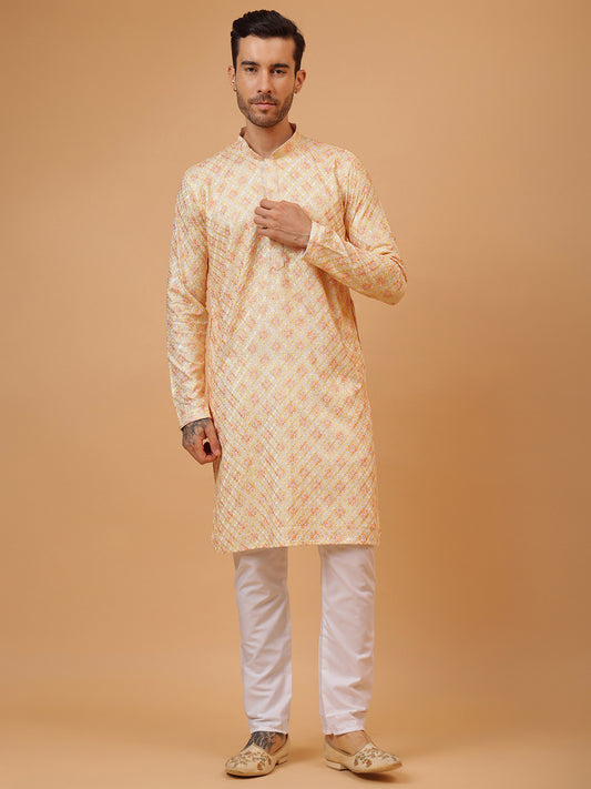Embroidery White Cotton Gold Block Print Mandarin Collar Regular Fit Kurta