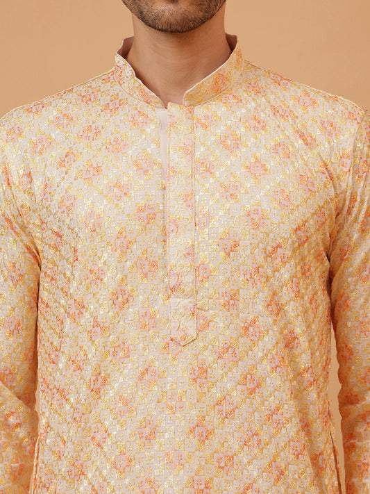 Embroidery White Cotton Gold Block Print Mandarin Collar Regular Fit Kurta
