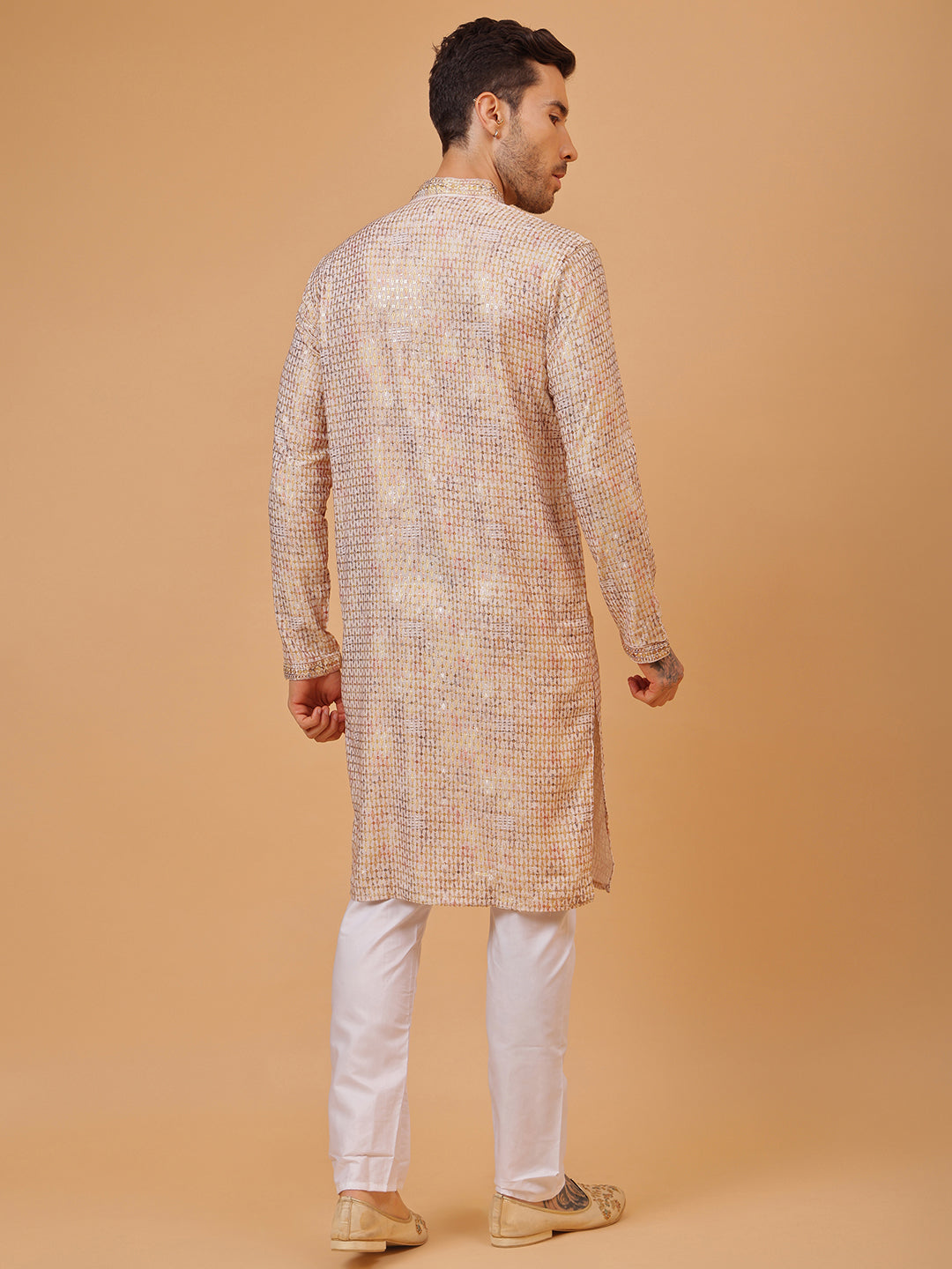 Diamond White Cotton Multi Color Block Print Mandarin Collar Regular Fit Kurta