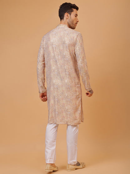 Diamond White Cotton Multi Color Block Print Mandarin Collar Regular Fit Kurta