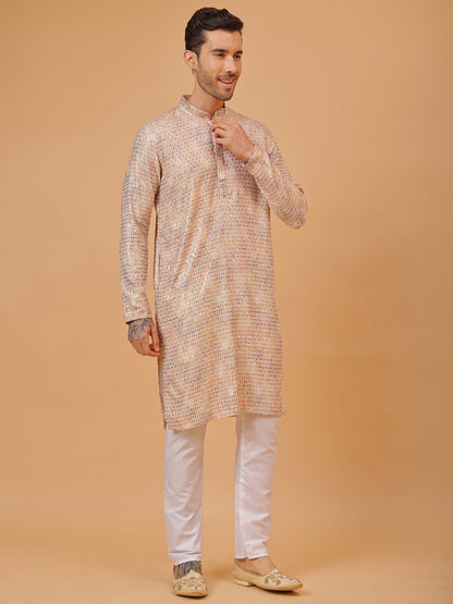 Diamond White Cotton Multi Color Block Print Mandarin Collar Regular Fit Kurta