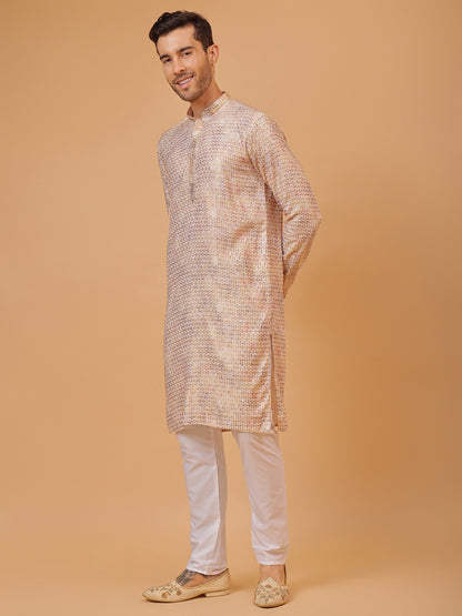 Diamond White Cotton Multi Color Block Print Mandarin Collar Regular Fit Kurta