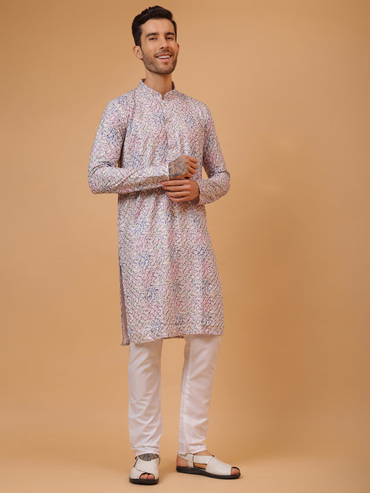 Embroidery White Cotton Block Print Mandarin Collar Regular Fit Kurta