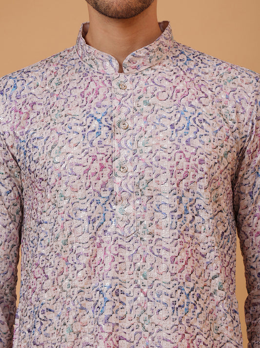 Embroidery White Cotton Block Print Mandarin Collar Regular Fit Kurta