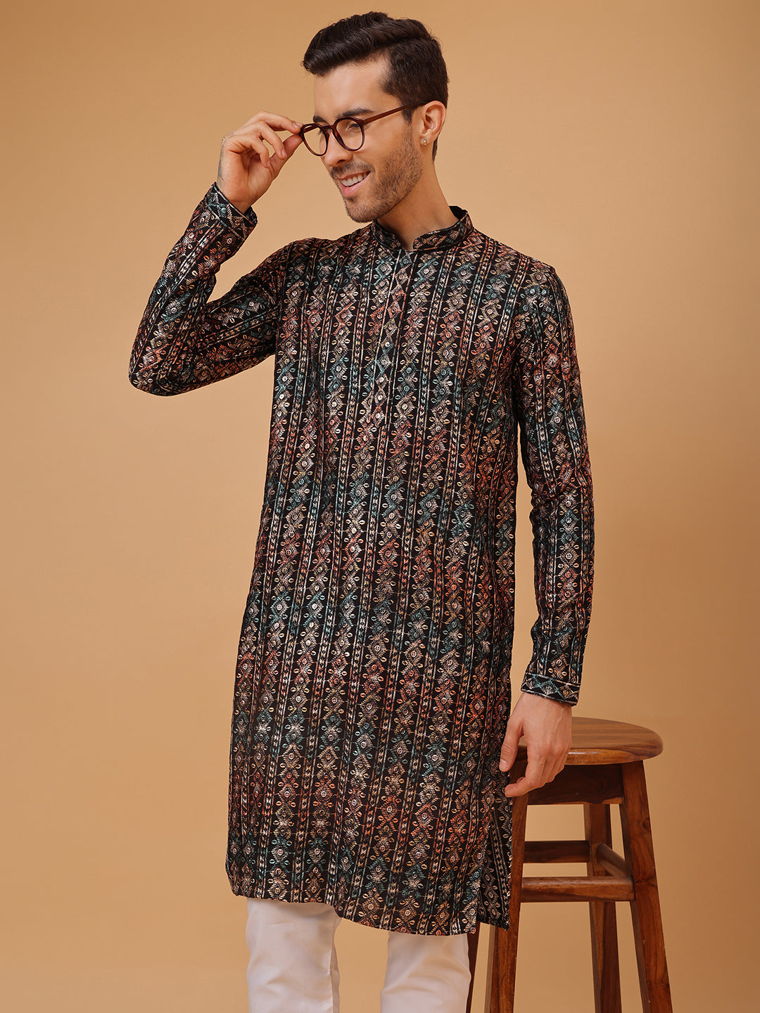 Black Stripes Cotton Multi Print Mandarin Collar Embroidery Designer Regular Fit Kurta