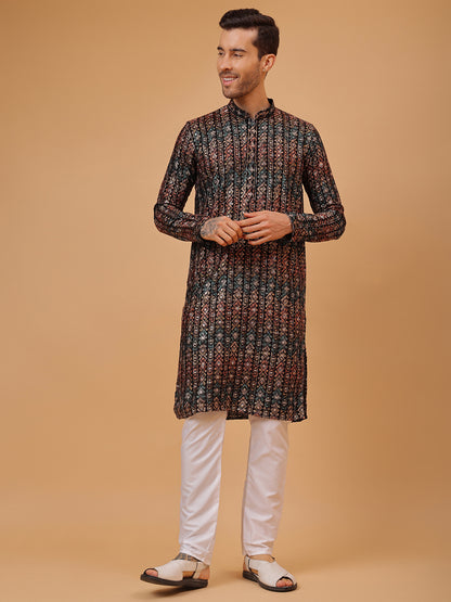 Black Stripes Cotton Multi Print Mandarin Collar Embroidery Designer Regular Fit Kurta