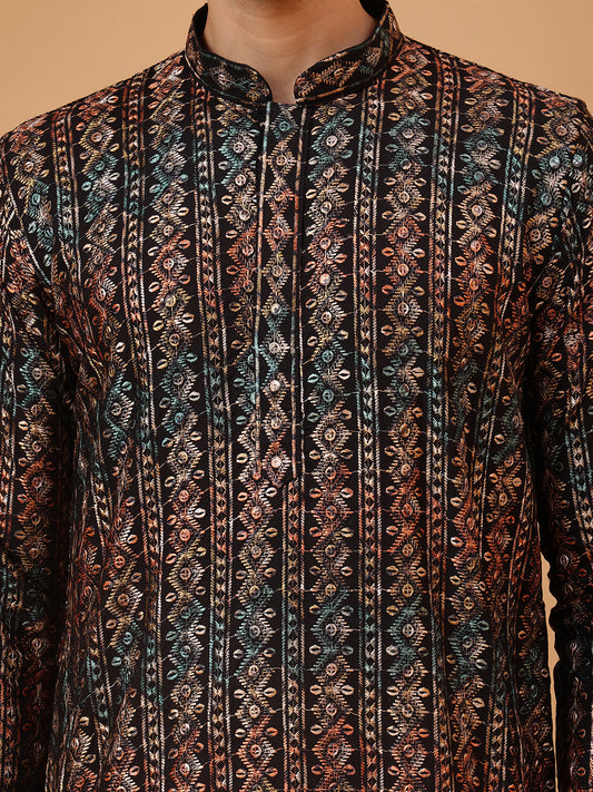 Black Stripes Cotton Multi Print Mandarin Collar Embroidery Designer Regular Fit Kurta