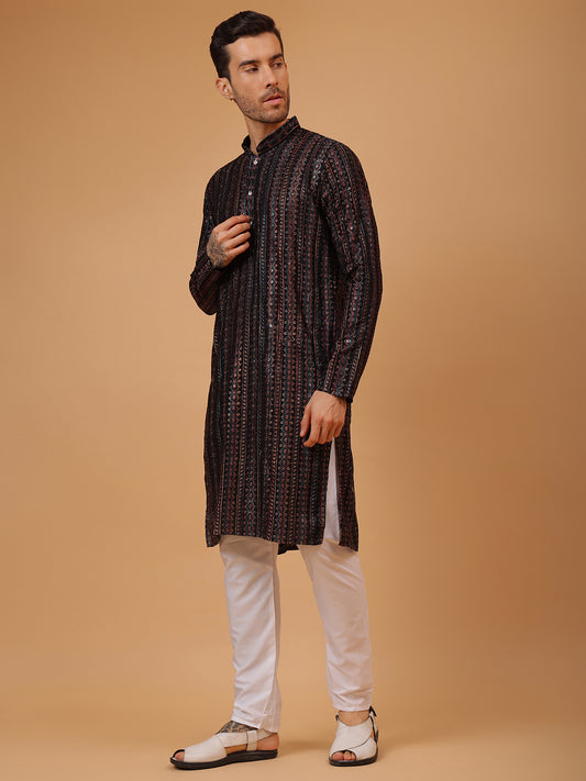 Embroidery Black Cotton Block Print Mandarin collar Regular fit Kurta
