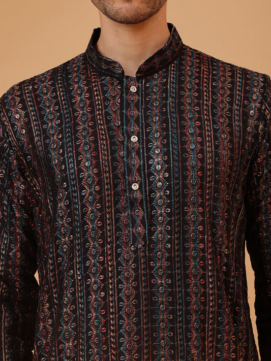 Embroidery Black Cotton Block Print Mandarin collar Regular fit Kurta
