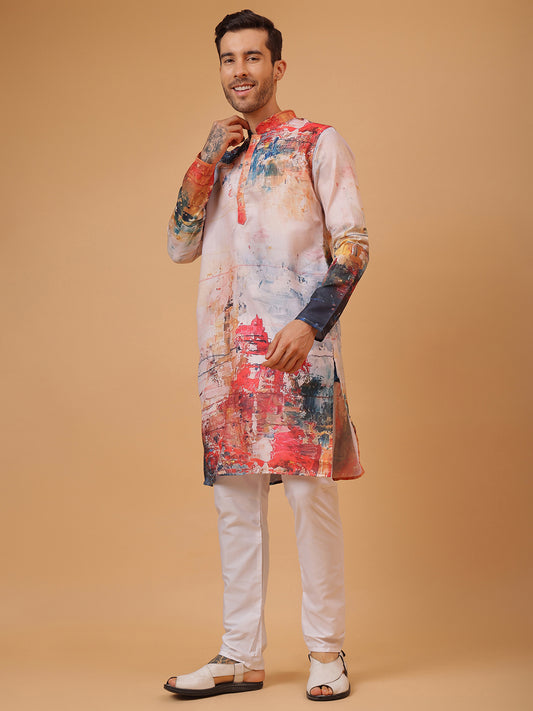 Artistic Canvas Print Mandarin Collar Regular Fit Kurta