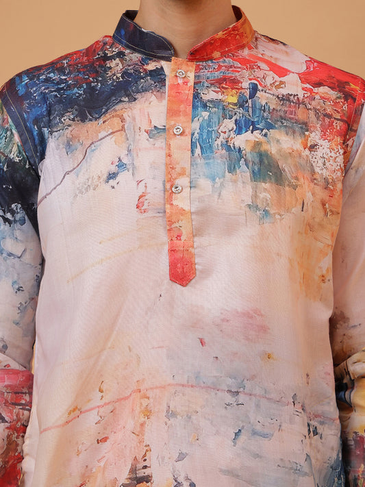 Artistic Canvas Print Mandarin Collar Regular Fit Kurta