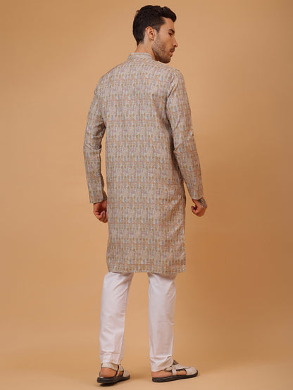 Pure Grey Linen Blend Digital Print Mandarin Collar Regular Fit Kurta