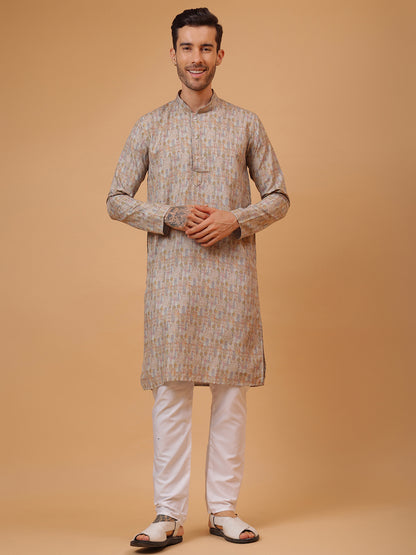Pure Grey Linen Blend Digital Print Mandarin Collar Regular Fit Kurta
