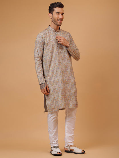 Pure Grey Linen Blend Digital Print Mandarin Collar Regular Fit Kurta