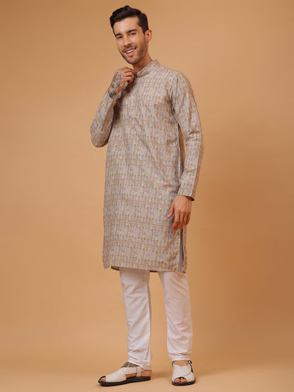 Pure Grey Linen Blend Digital Print Mandarin Collar Regular Fit Kurta