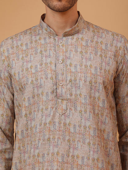 Pure Grey Linen Blend Digital Print Mandarin Collar Regular Fit Kurta
