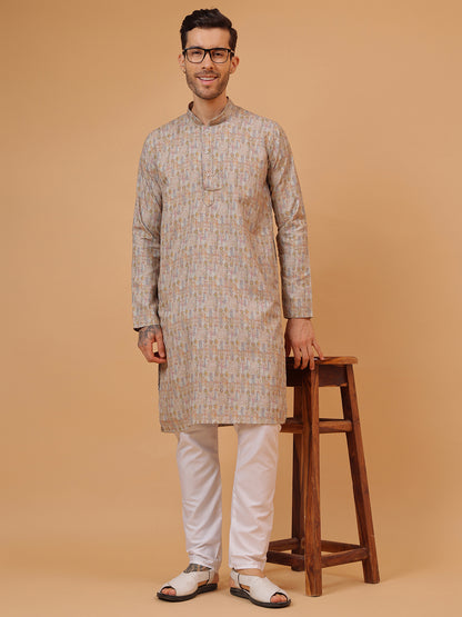 Pure Grey Linen Blend Digital Print Mandarin Collar Regular Fit Kurta
