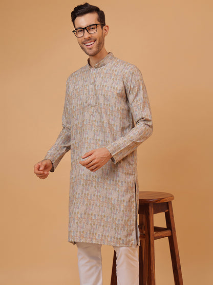 Pure Grey Linen Blend Digital Print Mandarin Collar Regular Fit Kurta