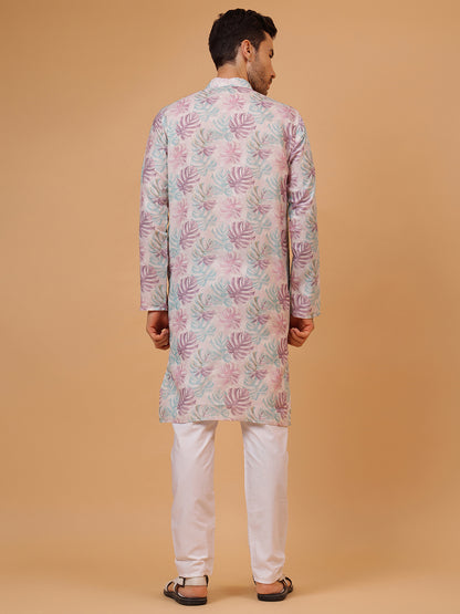 Natural Lavender Floral Print Mandarin Collar Regular Fit Kurta