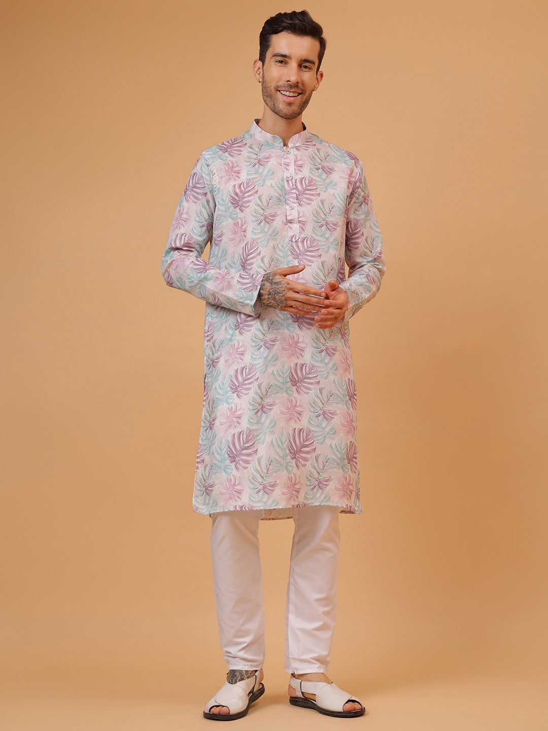 Natural Lavender Floral Print Mandarin Collar Regular Fit Kurta