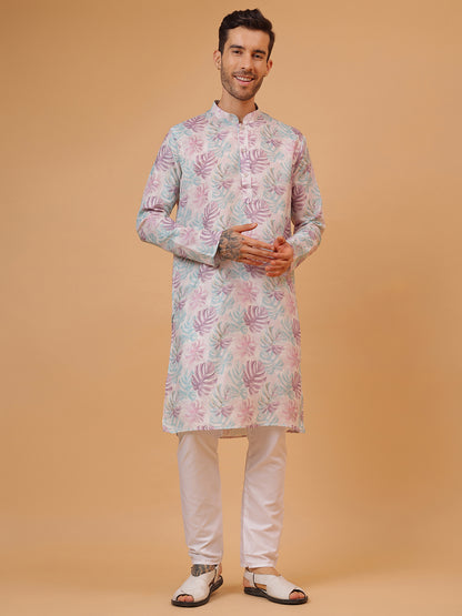 Natural Lavender Floral Print Mandarin Collar Regular Fit Kurta