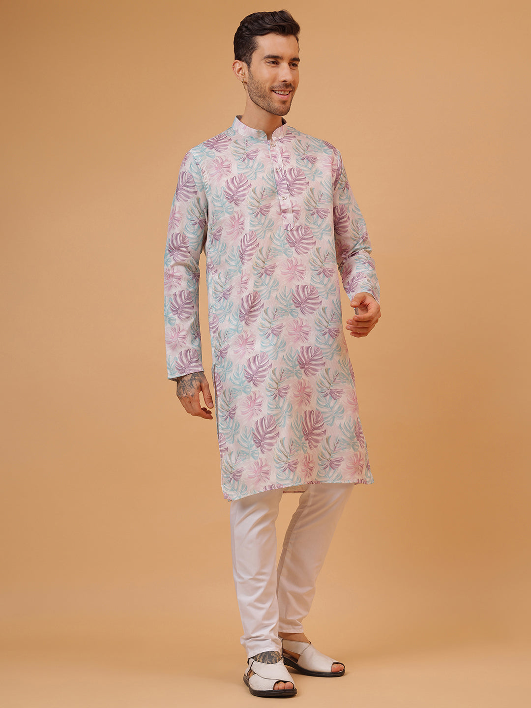 Natural Lavender Floral Print Mandarin Collar Regular Fit Kurta