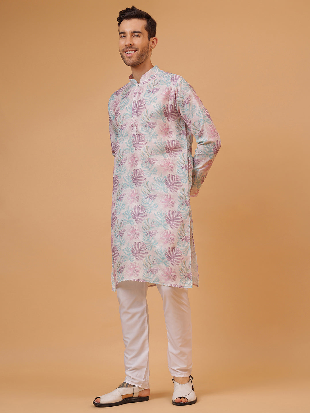 Natural Lavender Floral Print Mandarin Collar Regular Fit Kurta