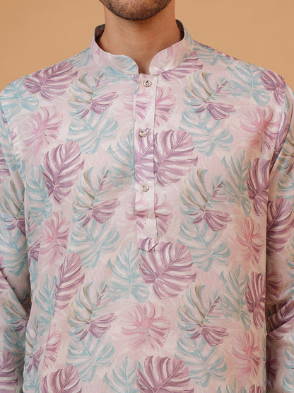 Natural Lavender Floral Print Mandarin Collar Regular Fit Kurta