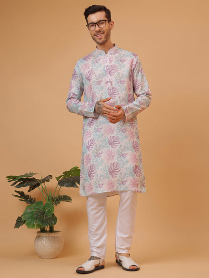 Natural Lavender Floral Print Mandarin Collar Regular Fit Kurta